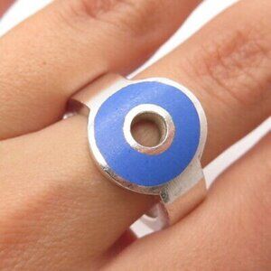 925 Sterling Silver Vintage Blue Enamel Cutout Round Ring Size 8